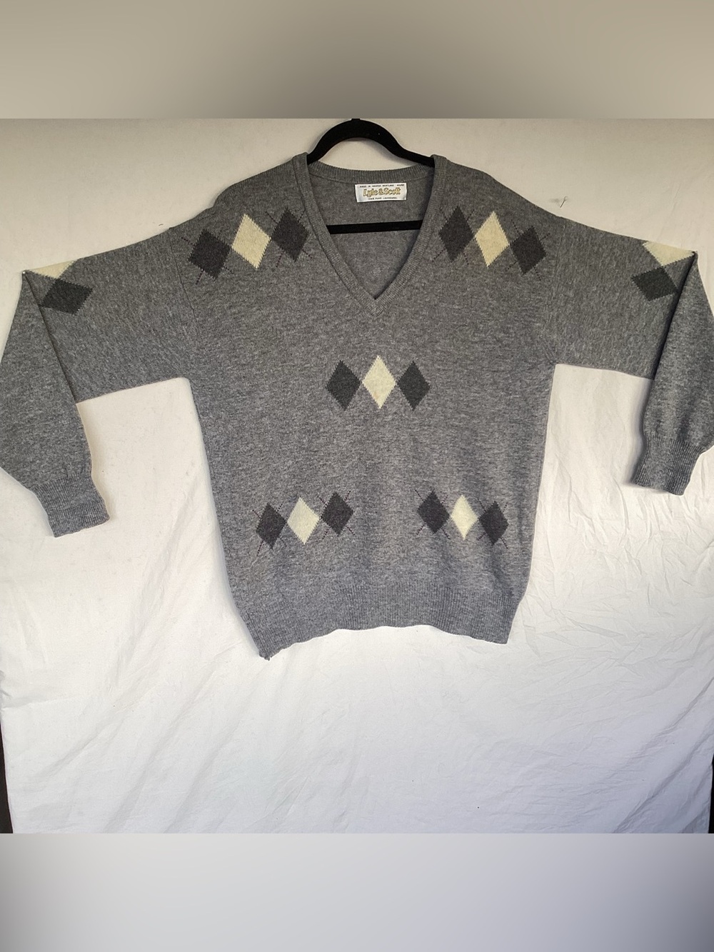 Vintage Lyle and Scott argyle v Neck Sweater 100% wool made in Scotland